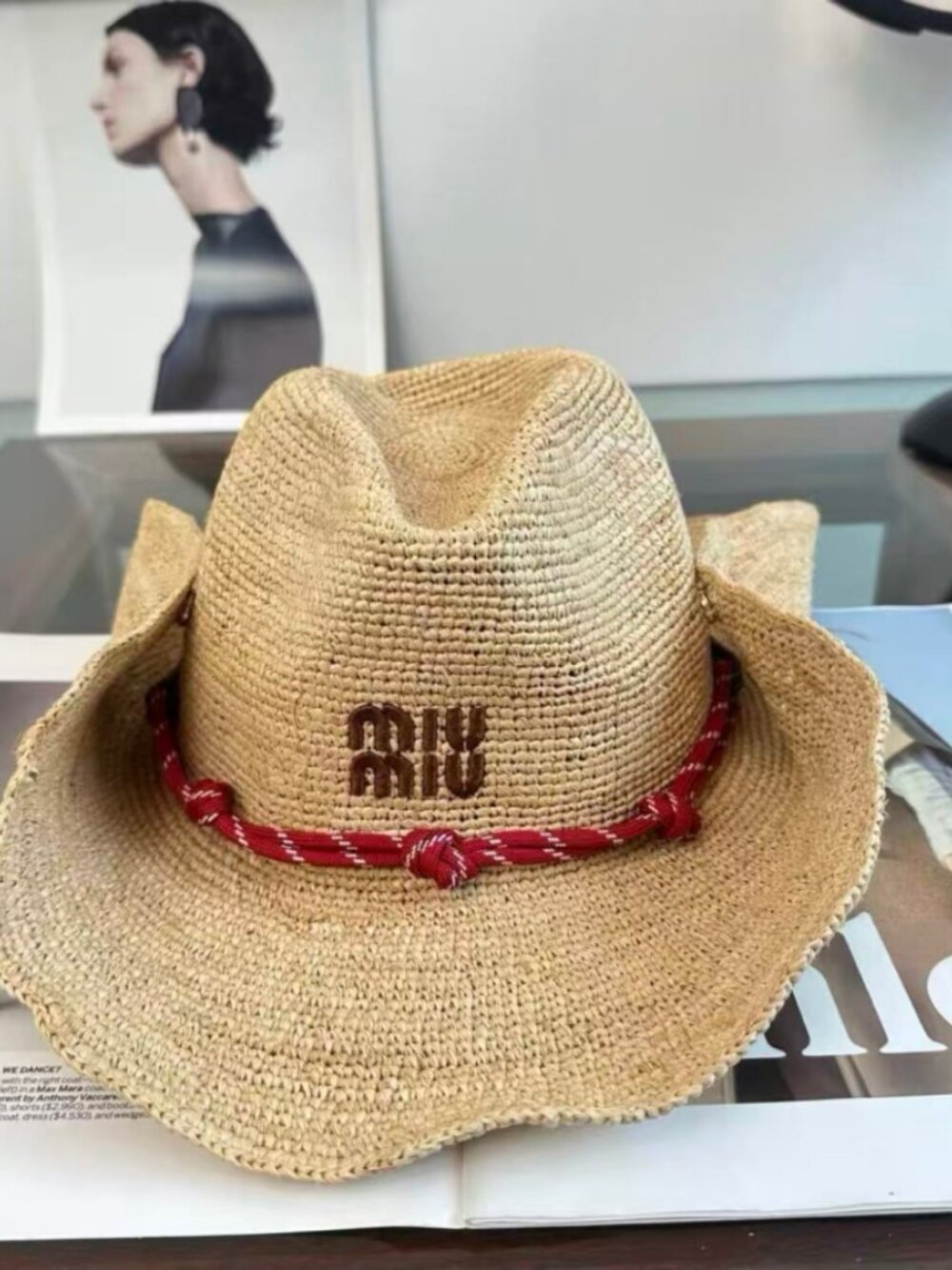 Miu Miu Embroidered Logo Red‑White Cord Raffia Sun Hat